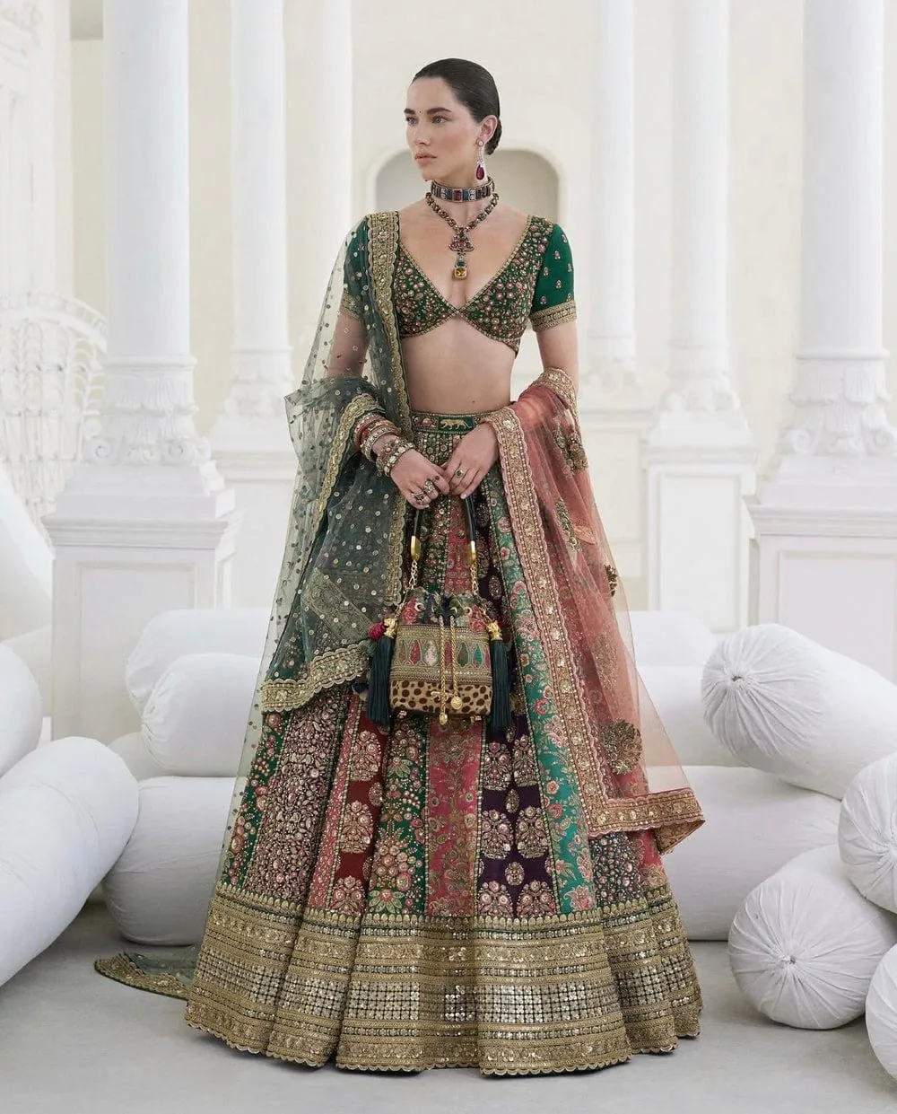 Sabyasachi Mukherjee 18-Panels multicolour bridal lehenga with emerald choli and two dupattas, full-length front view